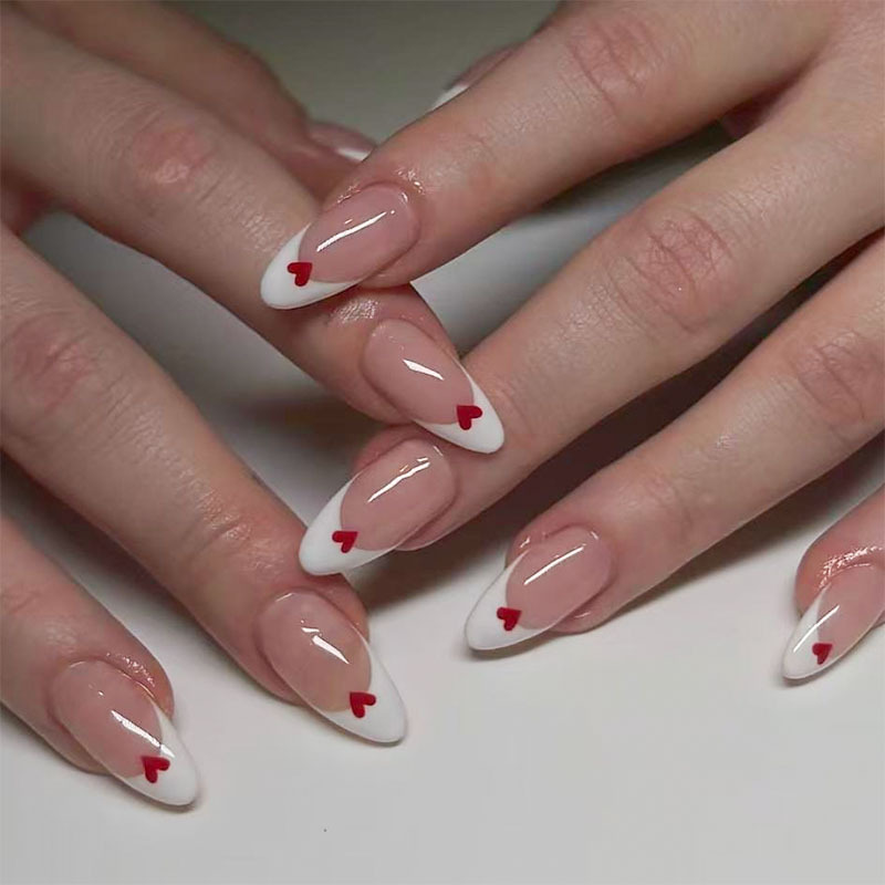 Almond-Shaped Wearable Nail Tips with White Tips and Red Hearts, Glossy Nail Stickers, French-Style Finished Nail Art Wholesale Almond-Shaped Wearable Nail Tips with White Tips and Red Hearts, Glossy Nail Stickers, French-Style Finished Nail Art Wholesale