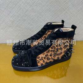 cl andgz男鞋黑棕色烫钻铆钉高帮红底鞋水晶钻鞋女鞋海参情侣板鞋
