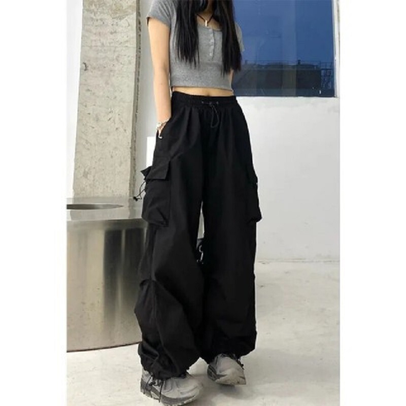 Design sense high street overalls for women 2024 New loose straight wide leg large pocket casual retro ankle-tied pants fashion