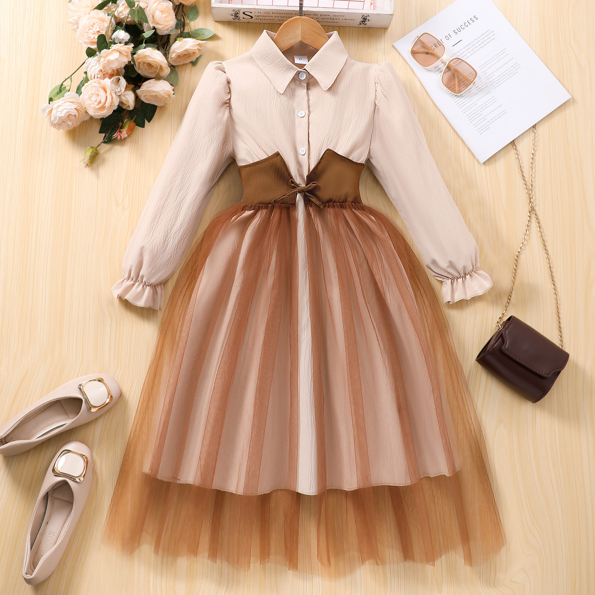 Amazon 2025 cross-border new girls long sleeve lapel waist mesh stitching dress pleated skirt