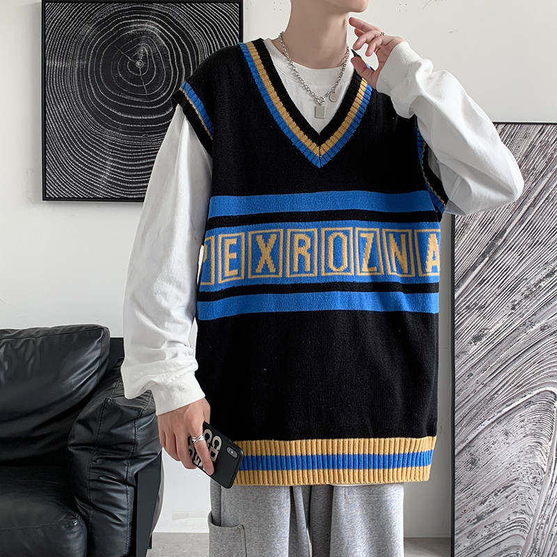 Autumn and Winter Men's Sweater Vest Hong Kong Style Ins Fashionable Color-matching Knitted Vest Korean-style Striped V-neck Waistcoat