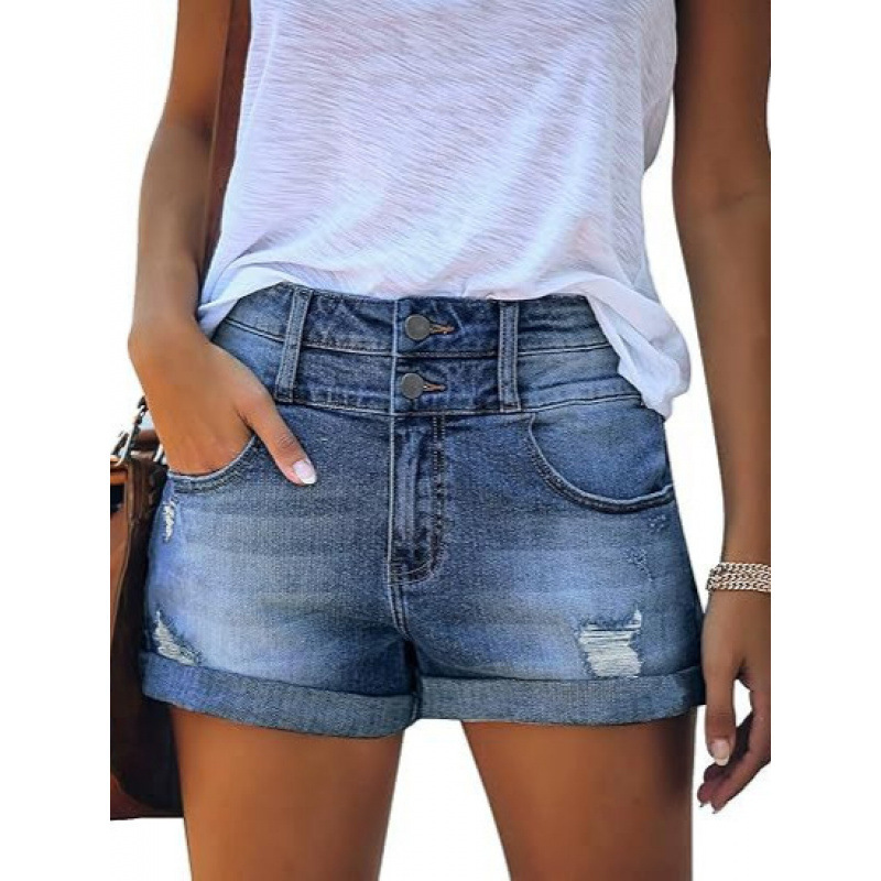 2025 European and American Spring/Summer New Arrivals Amazon Washed Distressed Bleached High-Waisted Slim-Fit Women's Denim Shorts in Stock