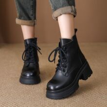 头层牛皮马丁靴女2025冬季新款厚底粗跟复古英伦风真皮加绒短靴