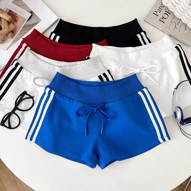 American college-style retro three-stripe sports shorts for women, summer outerwear, mid-waist slimming yoga drawstring straight pants