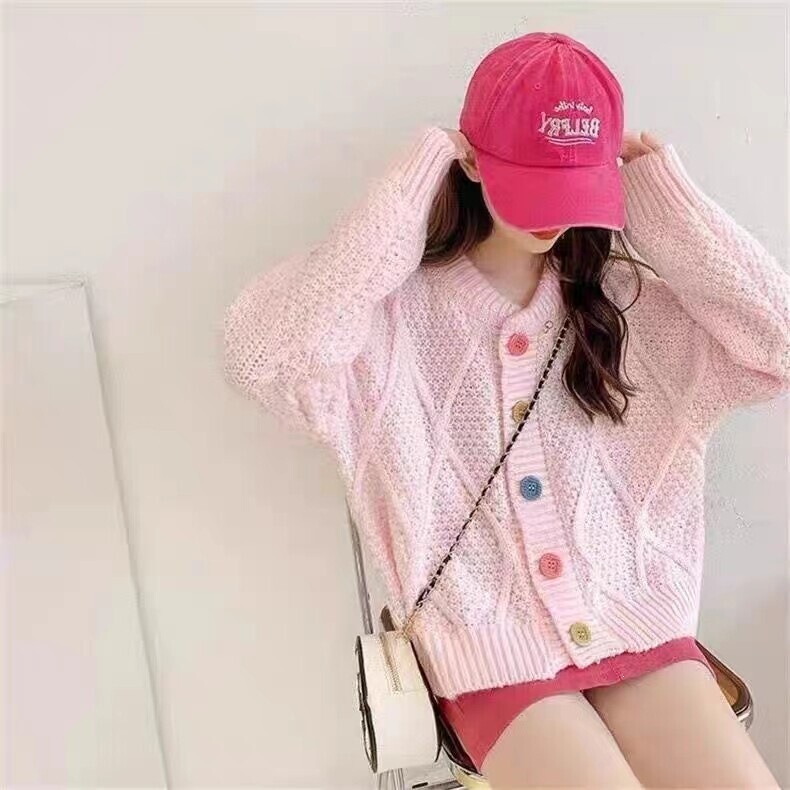 2026 new style, twisted-knit design, colorful long-sleeved Korean-style sweater, versatile loose-fit cardigan, knitted autumn/winter top with buttons
