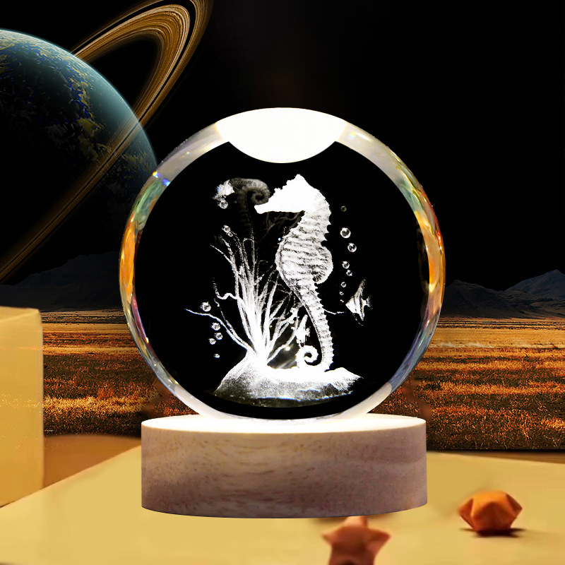新款海马3D激光水晶球工艺品摆件充电木质发光小夜灯礼物厂家批发