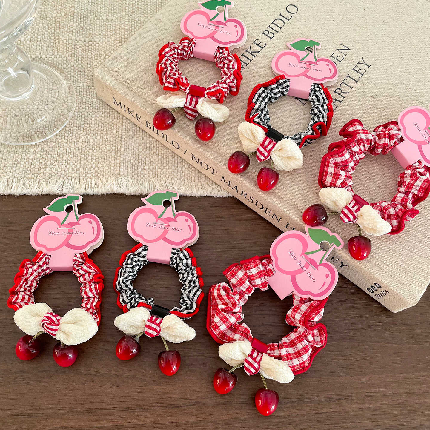 儿童樱桃发圈女童新款红色格子蝴蝶结扎头发绳不伤发可爱皮筋头饰