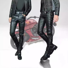 2024跨境新品爆款wish亚马逊热卖欧美纯色PU绑带休闲机车皮裤男