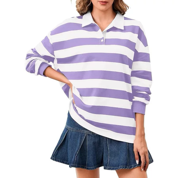 Amazon European and American Cross-Border Women's Long-Sleeved Striped T-Shirt New Casual Loose Lapel Top Polo Sweatshirt