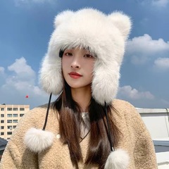 跨境可爱尾巴毛绒小浣熊帽子女秋冬季加厚保暖护耳仿狐狸毛甜美
