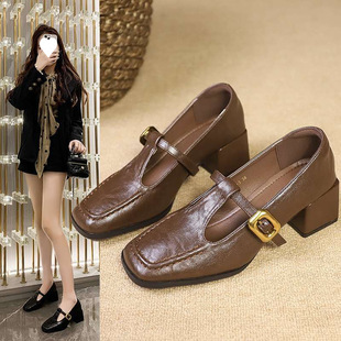 New Chinese Style Ankora Red Fashionable Mid-Heel Square-Toe Four-Season Loafers Small Leather Shoes Fashionable French Mary Jane Trendy Shoes