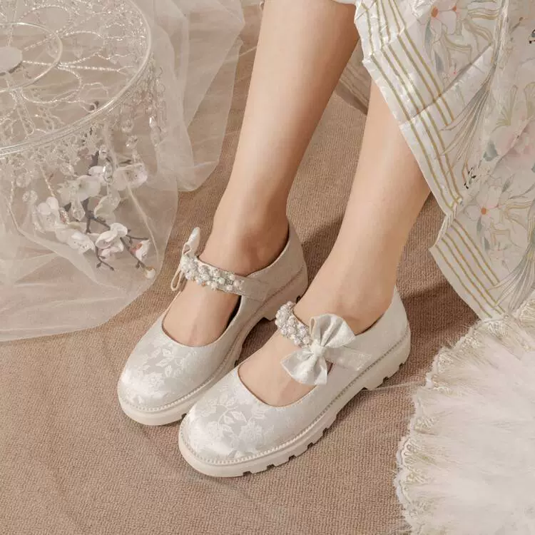 2024 Летняя обувь Hanfu Cheongsam на плоском каблуке ретро текстура атласный бант