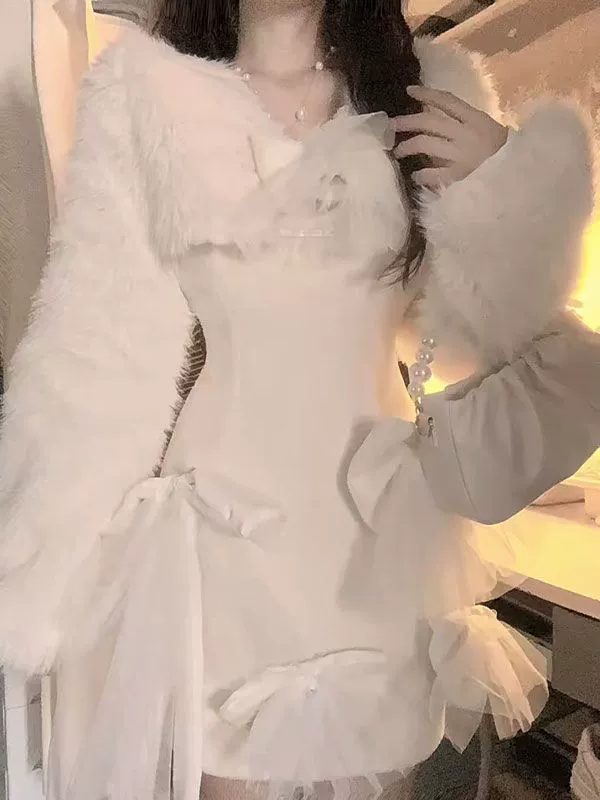 Набор женский 2023 осень-зима новый дизайн короткий свободный плюшевый пиджак для талии тонкое платье из двух частей