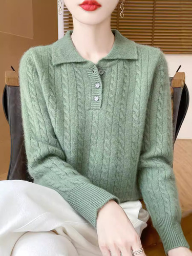 Autumn and winter 100 cardigan women's POLO collar twisted knitted base shirt loose pullover square collar sweater fine wool