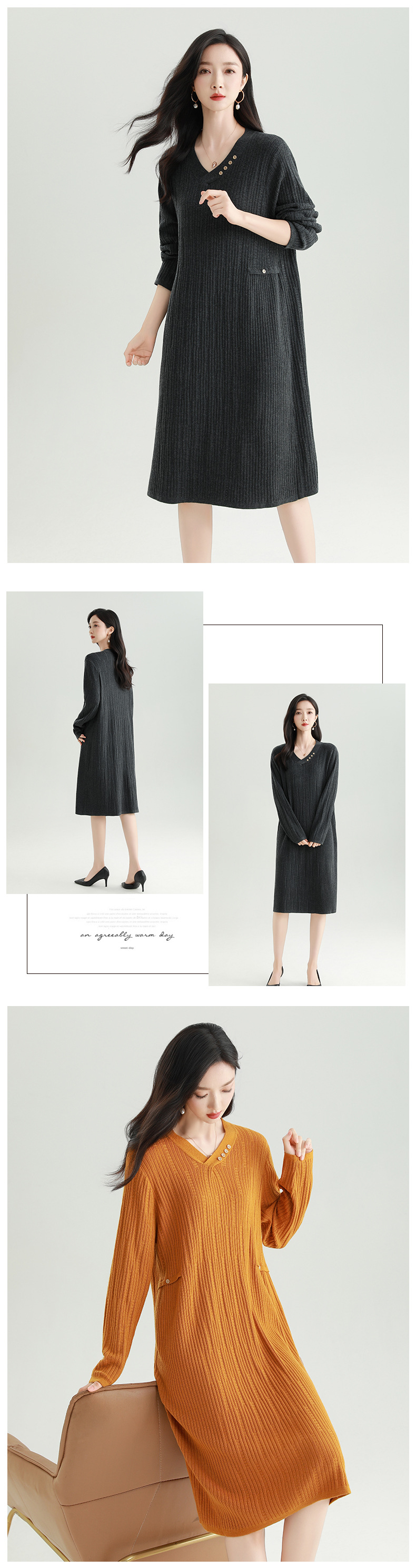 GraceChic 2025 Autunno Nuovo Scollo a V Lavorato a Maglia Taglie Forti Moda Donna Snellente Casuale Tinta Unita Abito Lungo_voghion.com