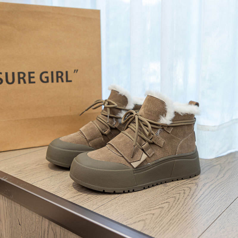 Chaussures pour femmes en cuir de vache givré et velours, bottes de neige à semelles épaisses et chaudes pour femmes, nouvelles chaussures montantes décontractées tout-match pour l'hiver_voghion.com