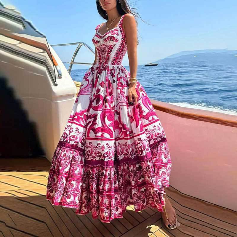 336g Weight Maxi Long Dress Dress Length Type Women's Clothing Autumn New Pattern Print Square Collar Suspender Skirt Pleated Slim High Waist Dress Women