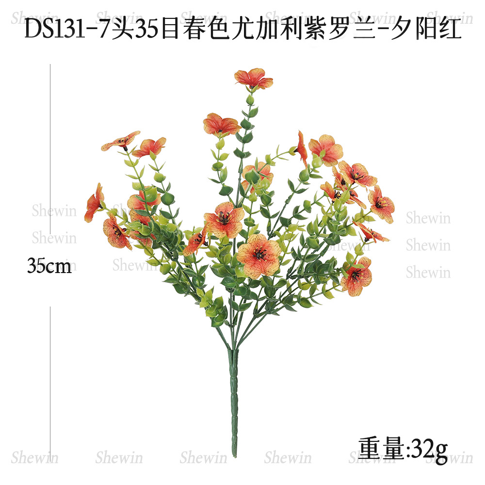 Flores artificiales de eucalipto violeta de siete cabezas para decoración de jardín exterior, hogar, hotel, boda, adornos de flores artificiales.