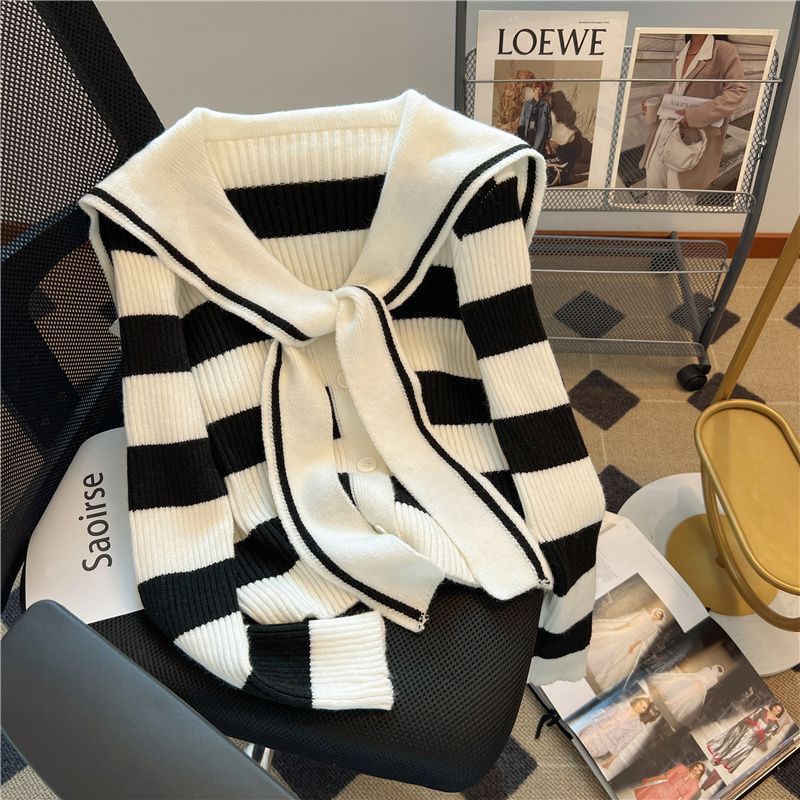 Vintage Navy Striped Sweater Stylish Versatile Slim Knit Top Bow Cardigan College Style Top