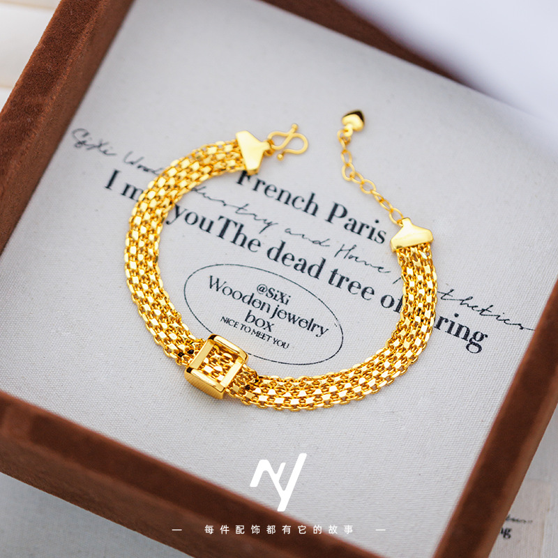 Sand Gold Entry Luxury vintage Middle Ancient Woven Golden Square Strap Bracelet Women's Retro High-end Satin Bracelet