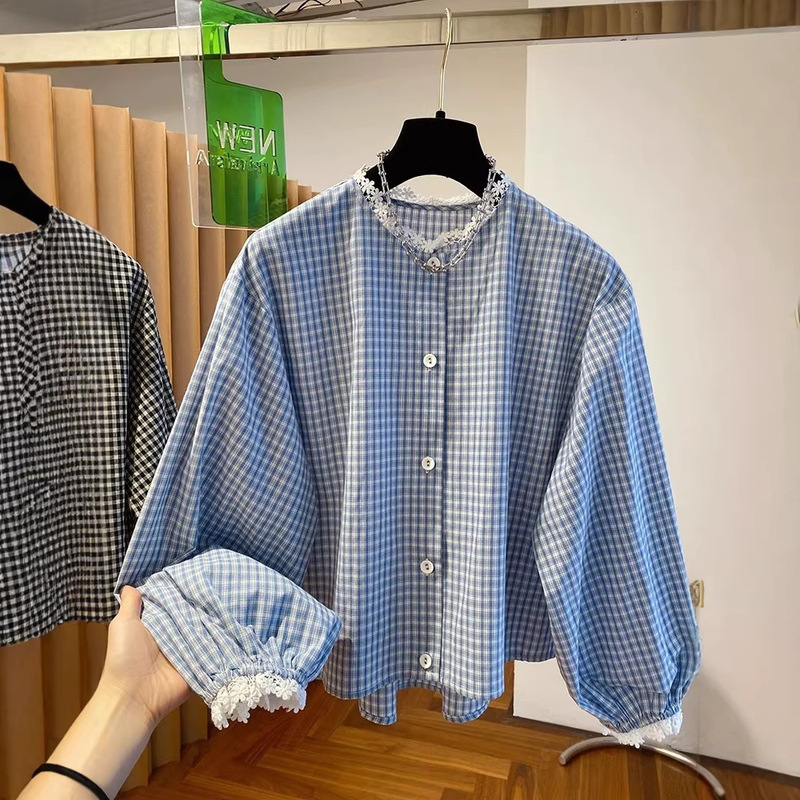 Korean Style Black and White Checkered Shirt for Women, Long-Sleeved, Spring 2026 New Model, Lace Loose Fit, Lace Trim Splicing, Short Inner Top Korean Style Black and White Checkered Shirt for Women, Long-Sleeved, Spring 2026 New Model, Lace Loose Fit, Lace Trim Splicing, Short Inner Top