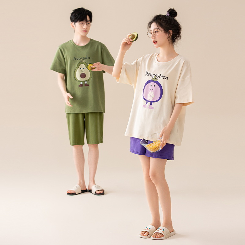 [Antibacteriano] Pijamas de pareja de verano de algodón puro para hombres y mujeres de manga corta de dibujos animados lindo casual se puede usar fuera del traje de servicio a domicilio