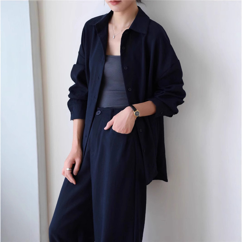 Old Qian Style navy blue Linen Sunscreen Shirt suit Women's Summer Draped Wide-leg Pants Elegant Loose Two-piece Set