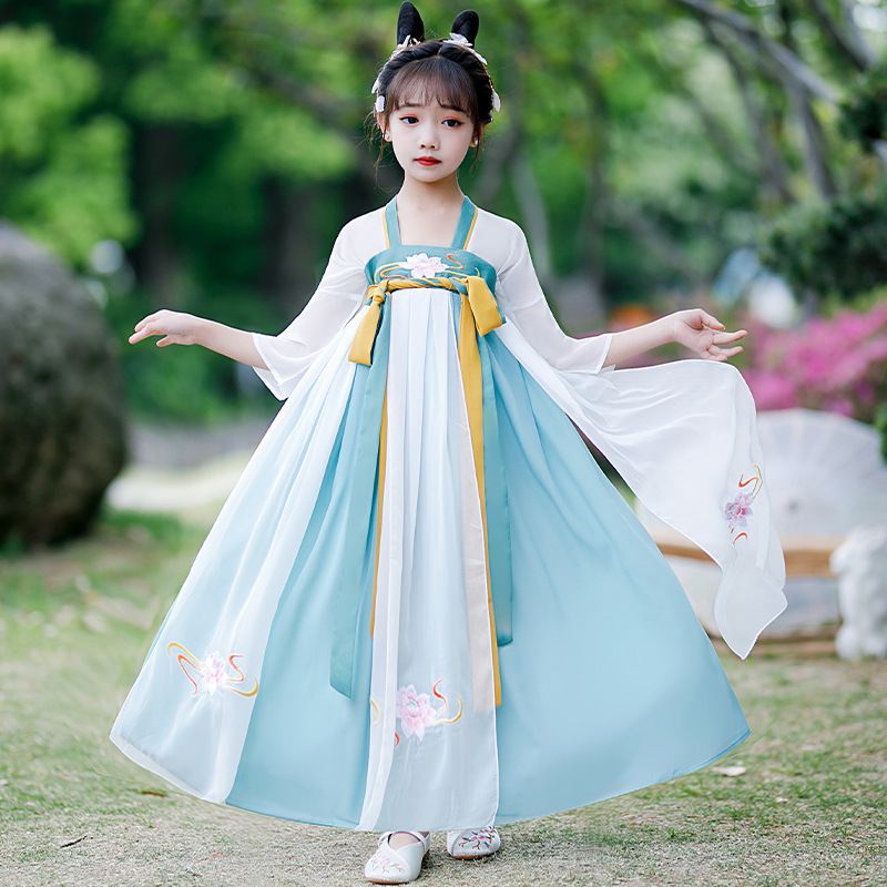 Green Hanfu for kids girls fairy dress chinese ancient traditional folk  costume ru skirts Tang dynasty