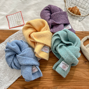 Children's Solid Color Retro Small Square Label Knitted Scarf for Boys and Girls Autumn and Winter Outdoor Warm Foreign Style All-match Wool Scarf