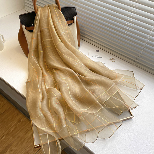 Korean simple pinstripe silk wool lightweight silk scarf long scarf solid color summer air conditioner outer shawl gauze scarf for women