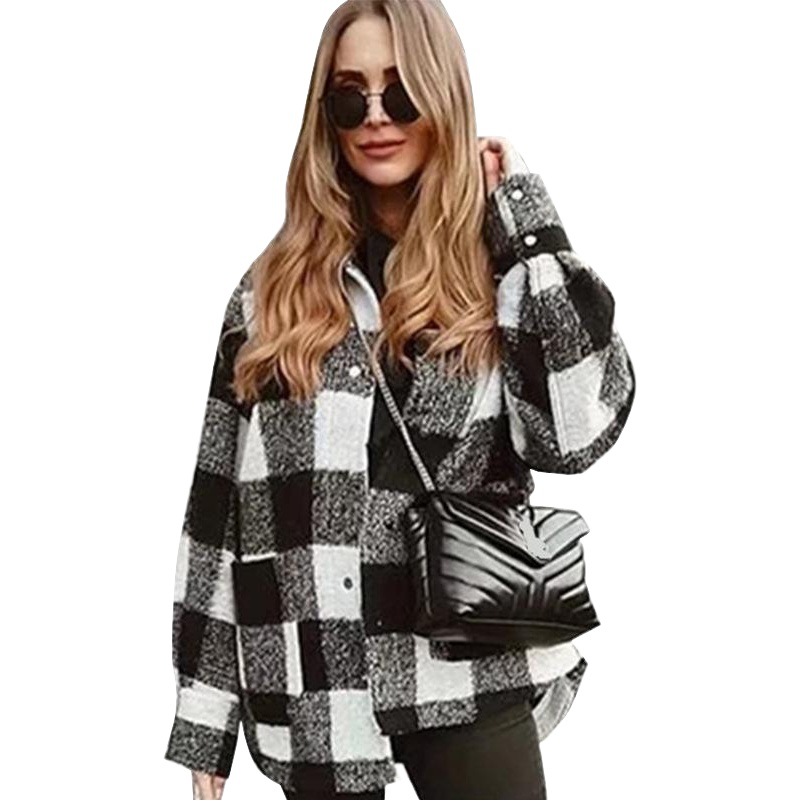 Abrigo de Lana Estilo Camisa para Mujer de Poliéster, Estampado a Cuadros, Monopecho para Otoño e Invierno