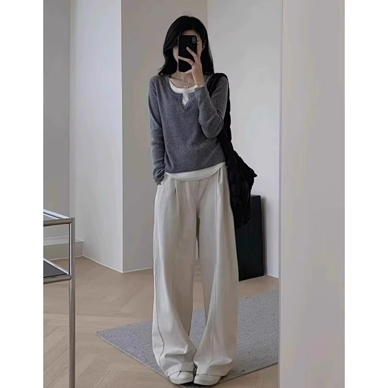 别致不规则下摆上衣女春秋内搭假两件拼接长袖T恤修身打底衫|undefined