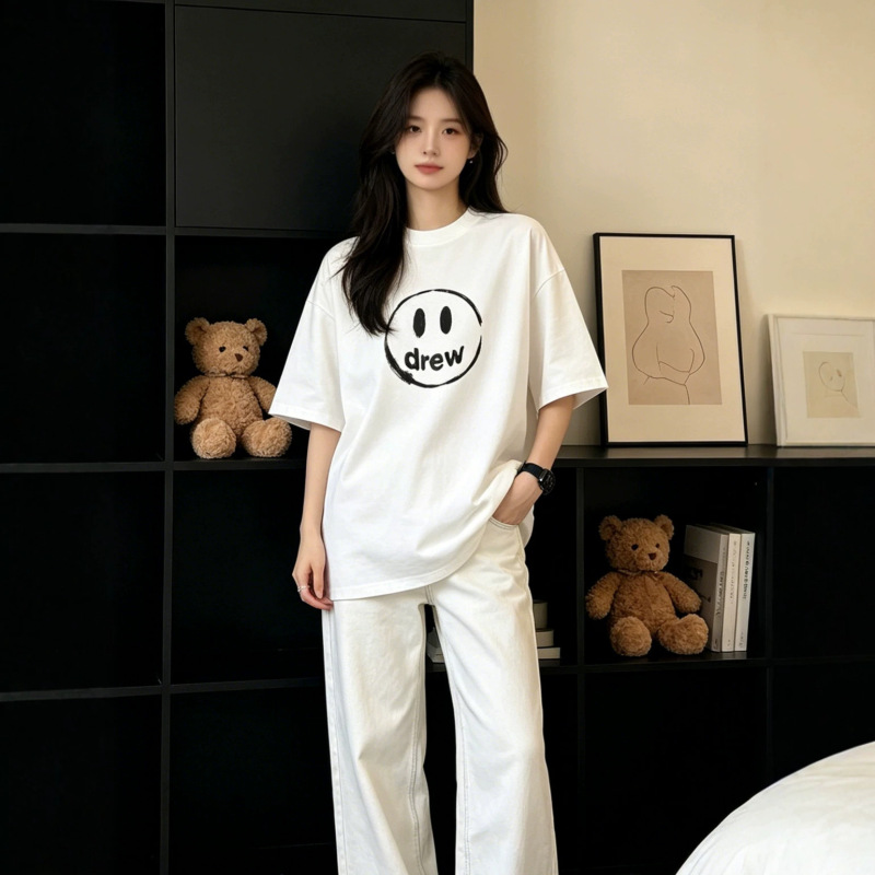 Ink Wash Smiley Face Drew Niche Trendy Brand American High Street Style Loose Men's Couple Summer Pure Cotton Short-Sleeve T-Shirt Ink Wash Smiley Face Drew Niche Trendy Brand American High Street Style Loose Men's Couple Summer Pure Cotton Short-Sleeve T-Shirt