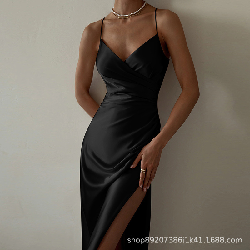 European and American-style Satin V-neck Pleated Waist Strap Dress Women's Slim-fit Summer Split Hip Skirt Women's Mid-length Skirt European and American-style Satin V-neck Pleated Waist Strap Dress Women's Slim-fit Summer Split Hip Skirt Women's Mid-length Skirt