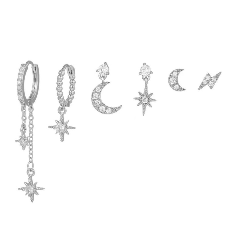 亚马逊欧美跨境星月链条流苏耳环六芒星锆石耳钉套装女耳坠耳饰品|undefined