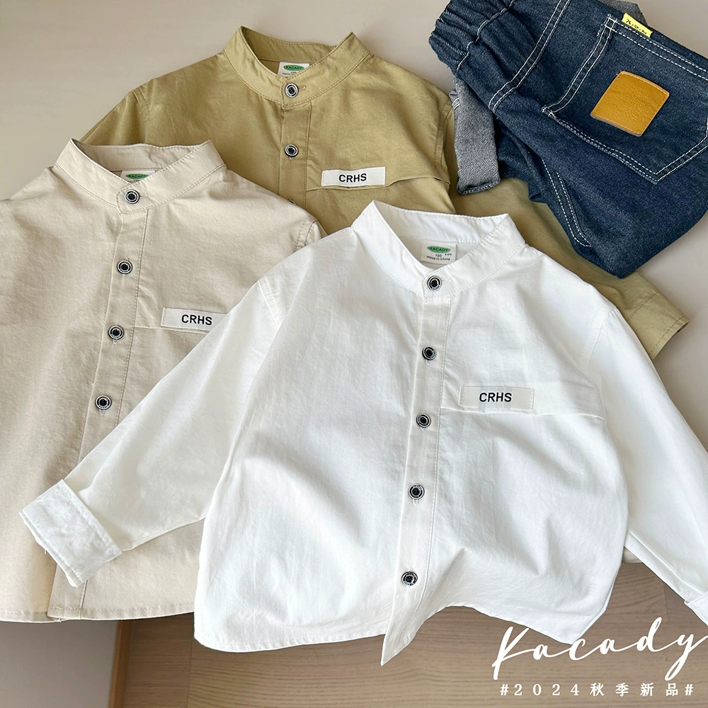 2024, весенне-осенняя детская одежда, новая детская хлопковая рубашка с воротником-стойкой для мальчиков, белая рубашка с длинными рукавами, топы, оптовая продажа, дропшиппинг