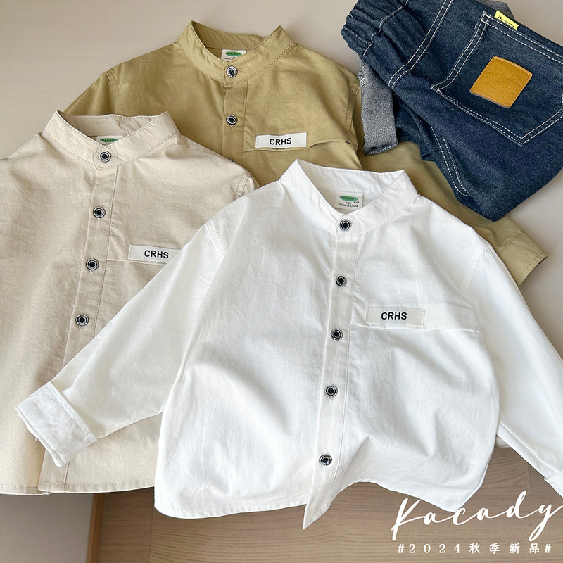 2026 Spring and Autumn Children's Clothing Boys' New Cotton Stand Collar White Long Sleeve Shirt Wholesale Dropshipping