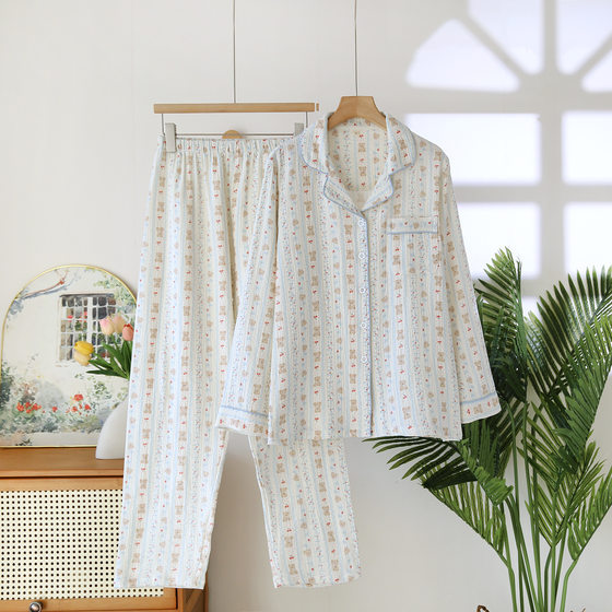 Spring Summer Autumn New Double Cotton Yarn Home Clothes All Cotton Pajamas Crepe Long Sleeve Trousers Casual Breathable plus size Pajamas