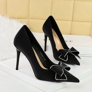 3265-H37 Banquet Fashion Korean Edition High Heels Slim Heels Women's Shoes Shallow Mouth Pointed Water Diamond Bow