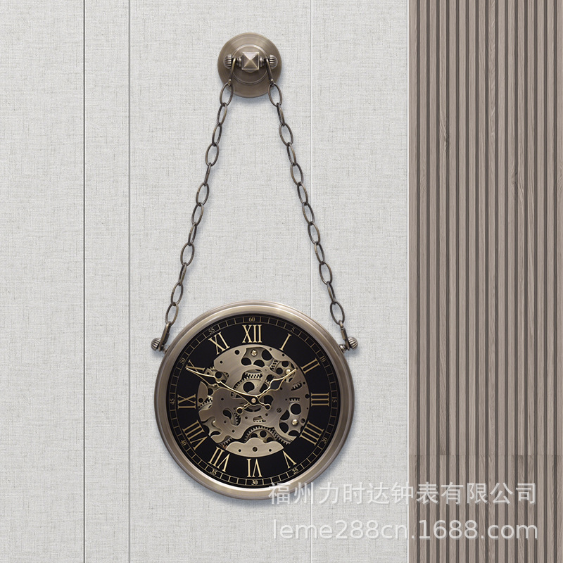 欧式齿轮机器挂表吊挂链条挂钟个性家用复古时钟欧式怀旧石英钟表