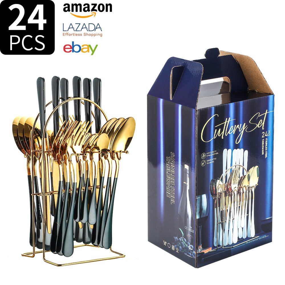 Juego de vajilla de acero inoxidable Transfronterizo Amazon 1010 juego de 24 piezas de vajilla occidental bistec cuchillo tenedor cuchara juego de caja de regalo
