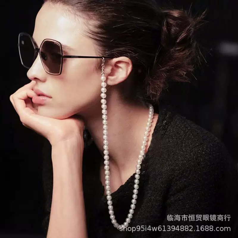 亚马逊外贸定制眼镜链女挂脖时尚珍珠串链眼镜挂绳硅胶防滑套挂链