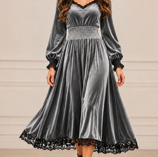 (Annuo's Own Research and Development) 2026 European and American Style Casual Autumn Lace Patchwork Velvet Evening Dress