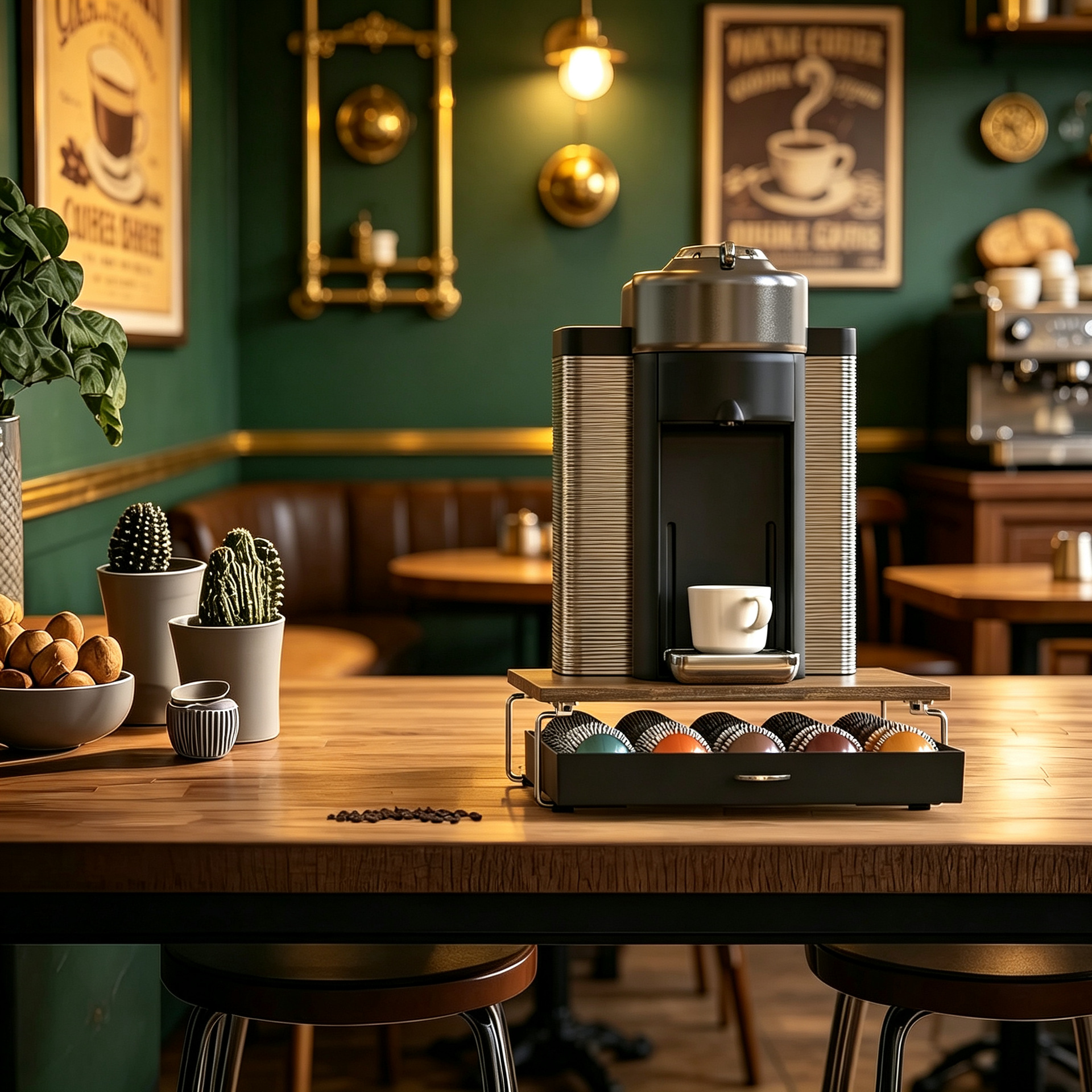 Soporte de cápsulas de café con cajón deslizante, organizador de almacenamiento de escritorio, estante de almacenamiento de escritorio, base retro, marrón