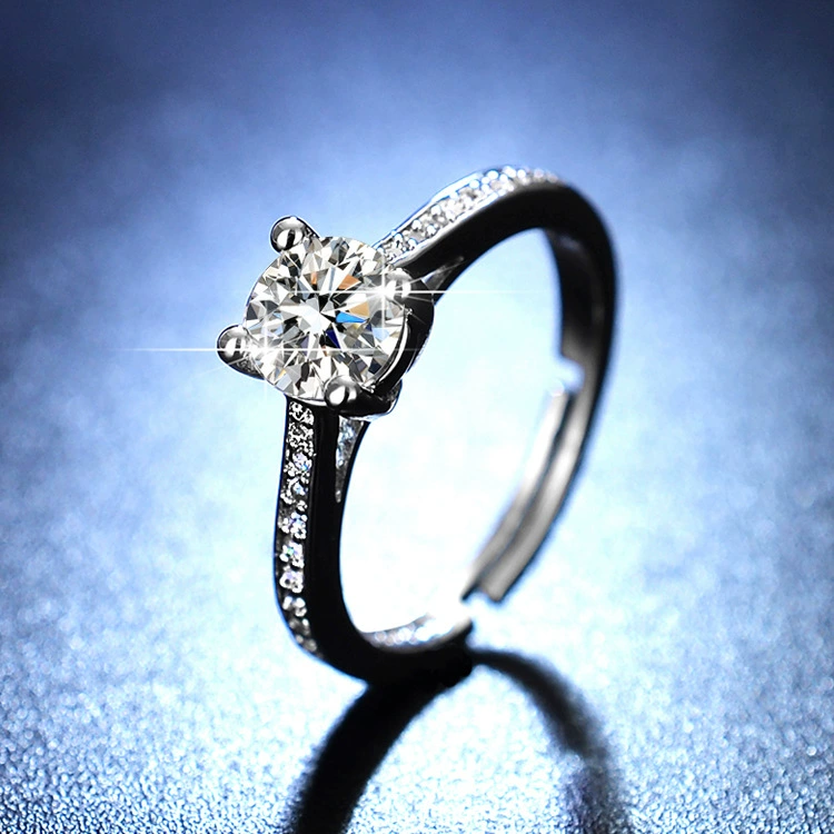 Ring one carat, adjustable open band with AAA zirconia, silver-layer plating