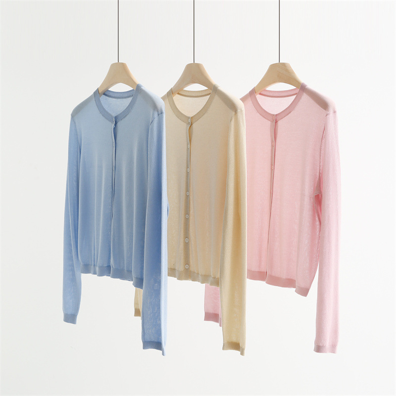 Summer Lightweight and Comfortable Colorful Glitter Tencel Round-Neck Knit Cardigan Long-Sleeve Sun Protection Shirt Air Conditioning Shirt Top V6603 Summer Lightweight and Comfortable Colorful Glitter Tencel Round-Neck Knit Cardigan Long-Sleeve Sun Protection Shirt Air Conditioning Shirt Top V6603