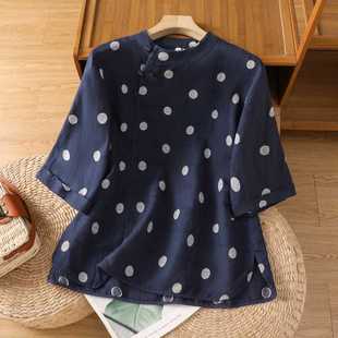 2025 Summer Cotton and Linen Embroidered French Artistic Retro Polka Dot Shirt
