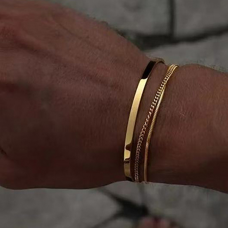 New Fashion Stackable Cuff Stainless Steel Bracelet 3 Pieces Layered Bracelet Snake Box Chain Cuban Chain Bracelet Set