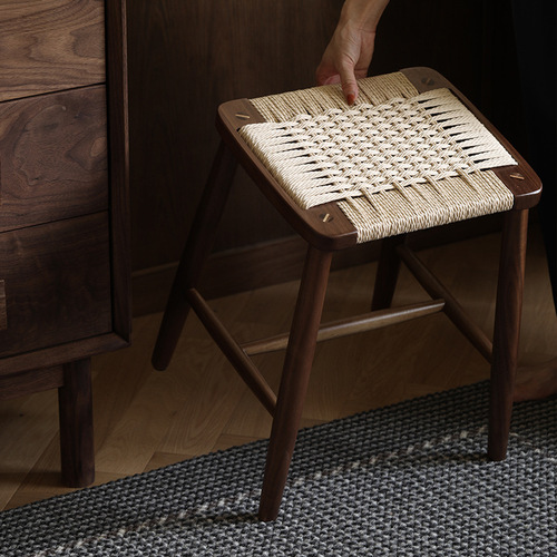 Nordic Minimalist Macrame Square Stool Black Walnut Dresser Bench Wooden Woven Living Room Small Dining Bench All Solid Wood Bench