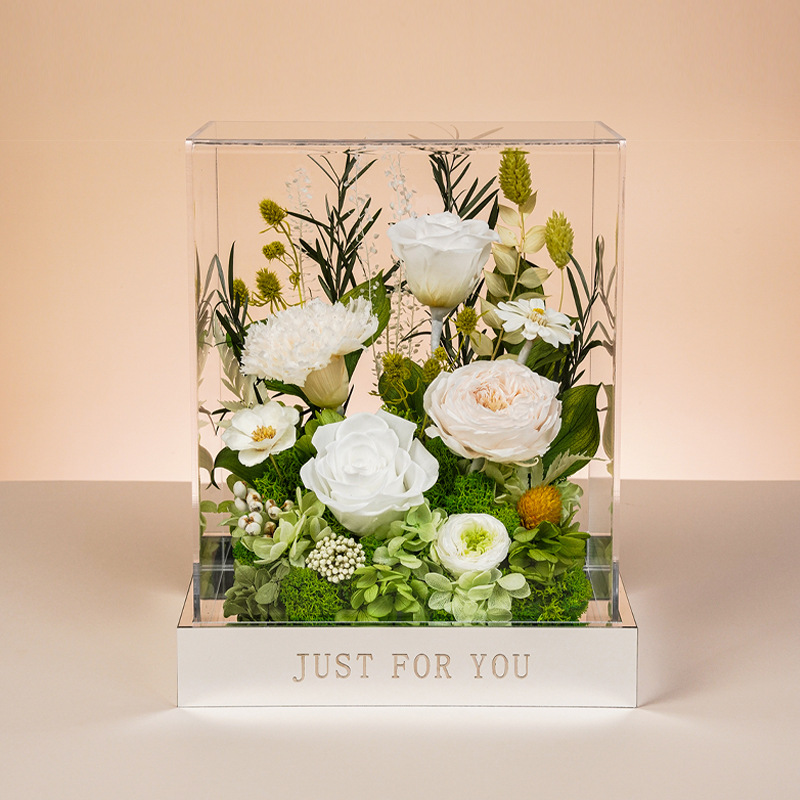 Flores de vida eterna rosa verdaderas flores acabadas acrílicas cajas de San Valentín para mamá novia regalos de alta calidad al por mayor